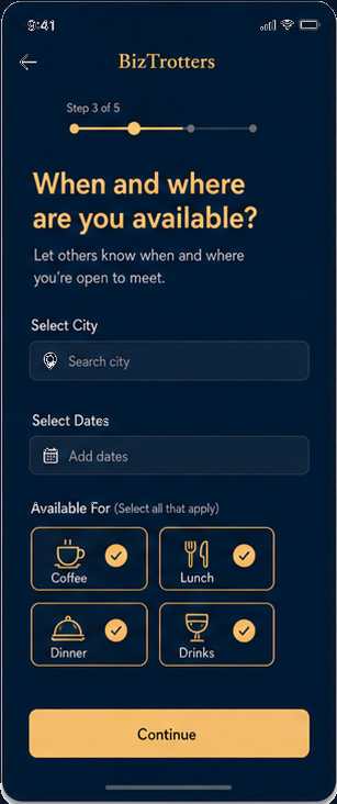 Étape trois : choisissez votre ville, vos dates et vos formats de rencontre